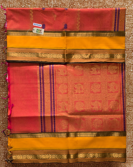 Kanchi Cotton|Orange & Bright Yello/ Olive Green