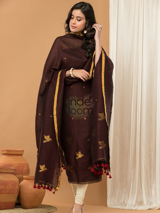 Deep Mahogany | Handloom Jamdani Linen Unstitched 2-Piece Kurti