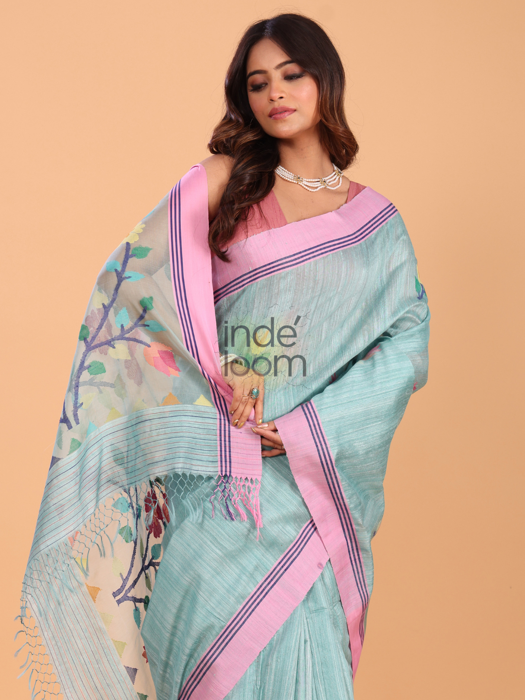 Jamdani Saree With Aqua Blue - 140