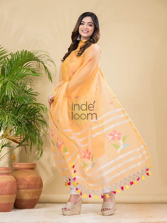 Golden Saffron | Handloom Jamdani Muslin Unstitched 2-Piece Kurti | Classic Design