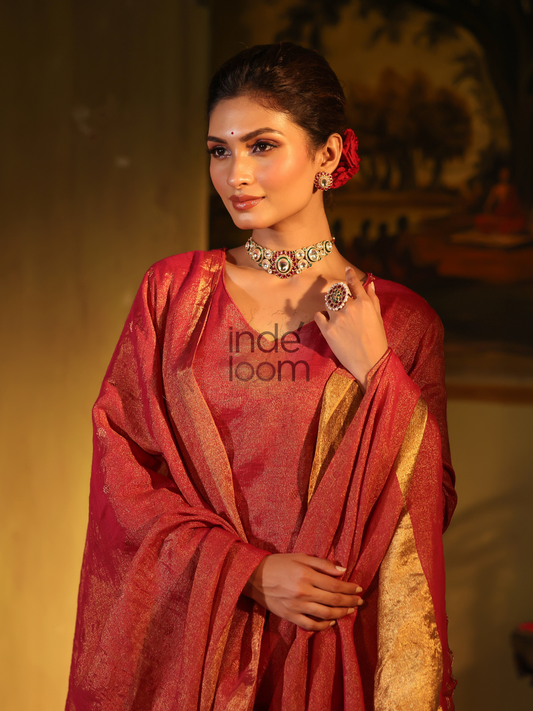 Handwoven Jamdani Silk Linen Unstitched 2-piece Kurti | Brick Red