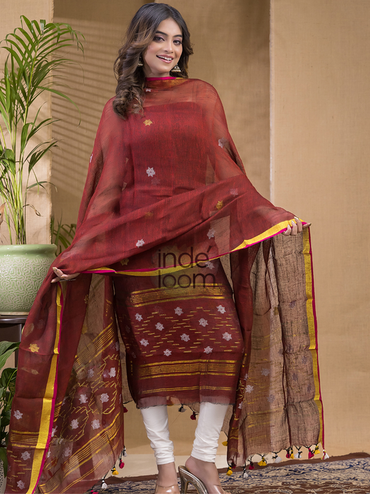 Dark Ruby | Handloom Jamdani Linen Unstitched 2-Piece Kurti