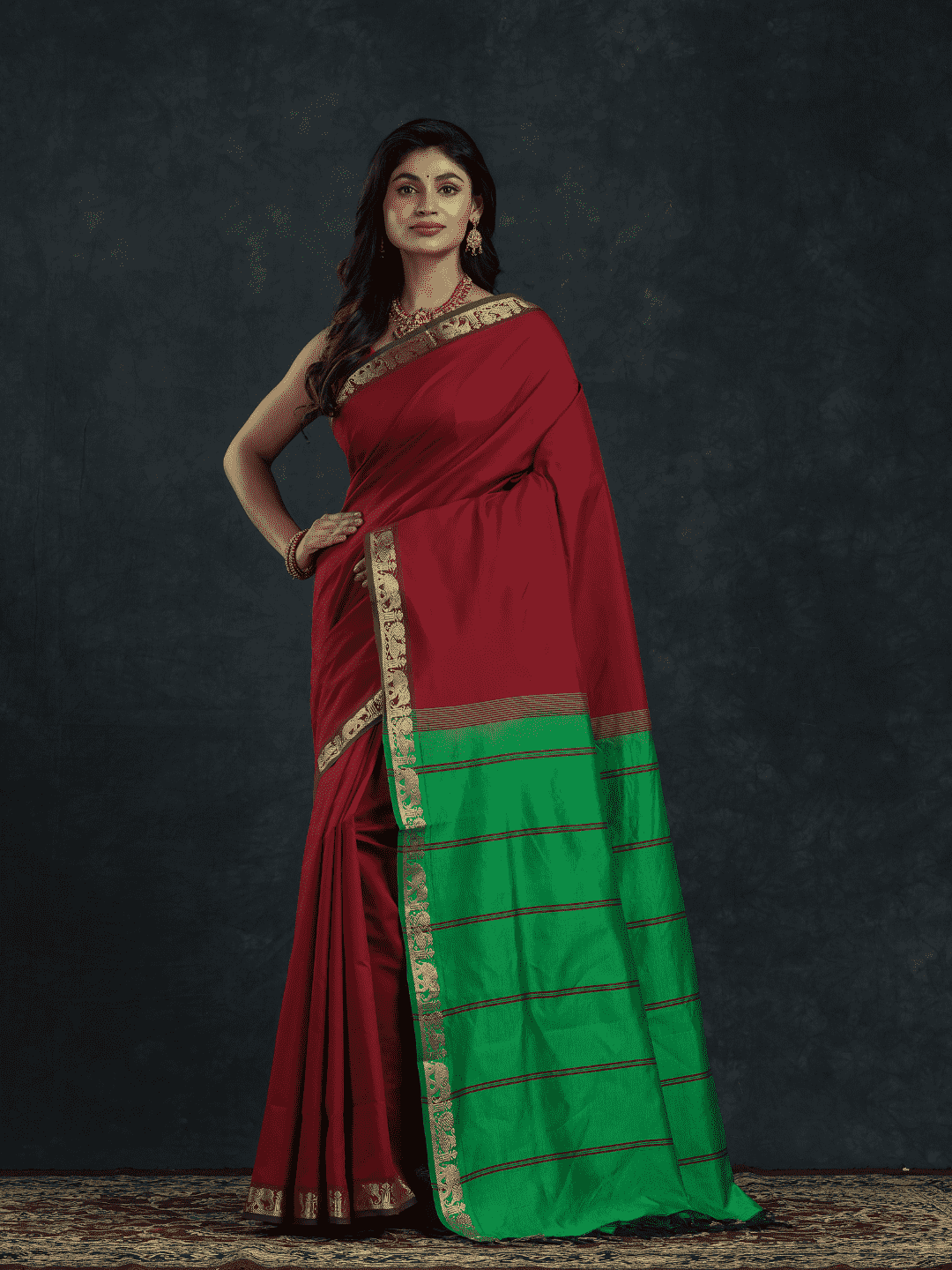 Pure Handloom Korvai Silk Cotton Saree in Wine Red and Green with Elephant Border - 143