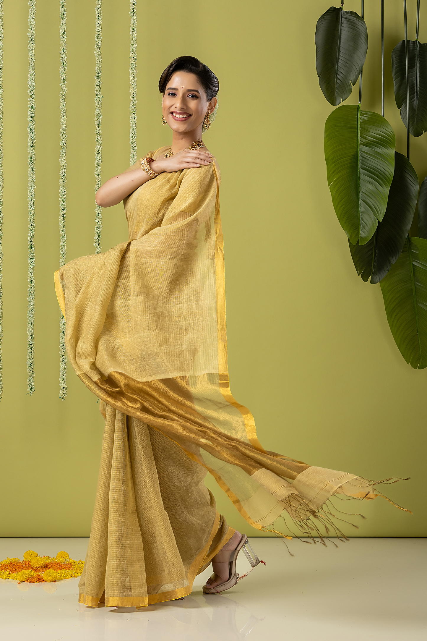 Pure Handloom Linen Saree | Khaki | Plain Body with Ribbon border