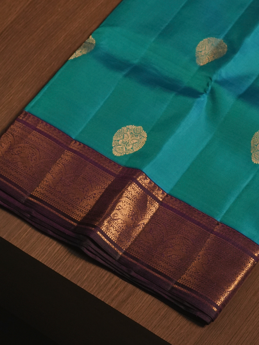 Silk Mark Certified Handloom Kanjivaram Silk Saree | Cyan Teal