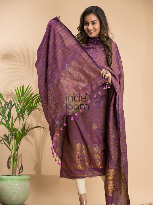 Rose Plum | Handloom Jamdani Linen Unstitched 2-Piece Kurti | Benaras Design