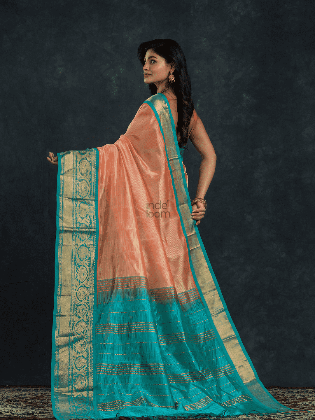 Pure handloom Korvai Silk Cotton Saree in Peach and Azure Blue Border - 054