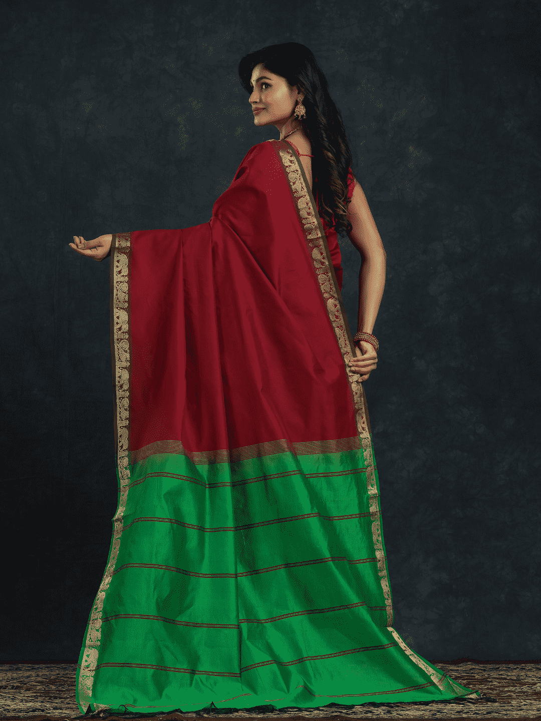 Pure Handloom Korvai Silk Cotton Saree in Wine Red and Green with Elephant Border - 143