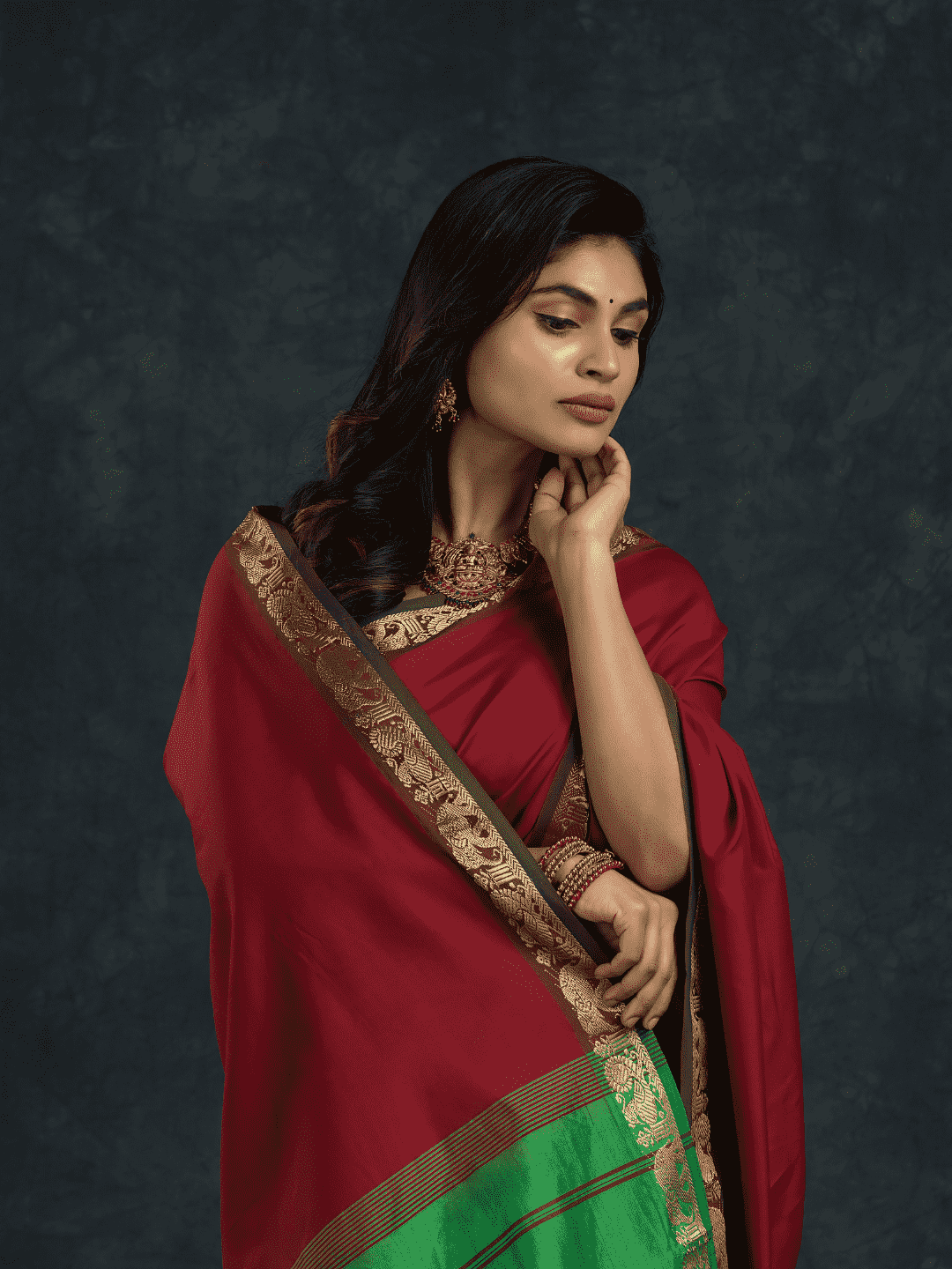Pure Handloom Korvai Silk Cotton Saree in Wine Red and Green with Elephant Border - 143