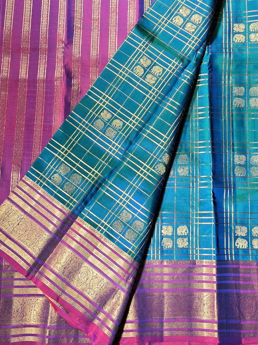 Traditional Kanjivaram Semi Silk Sarees | Peacock Blue