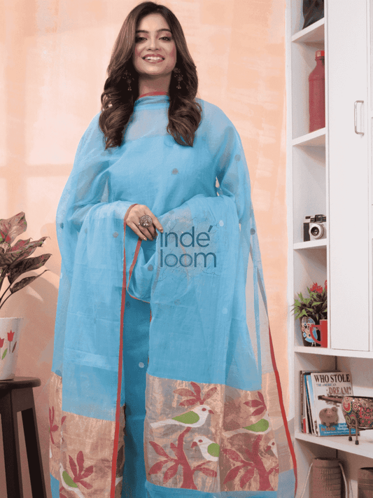 Sky Cyan | Handloom Jamdani Muslin Unstitched 2-Piece Kurti | Paithani Design