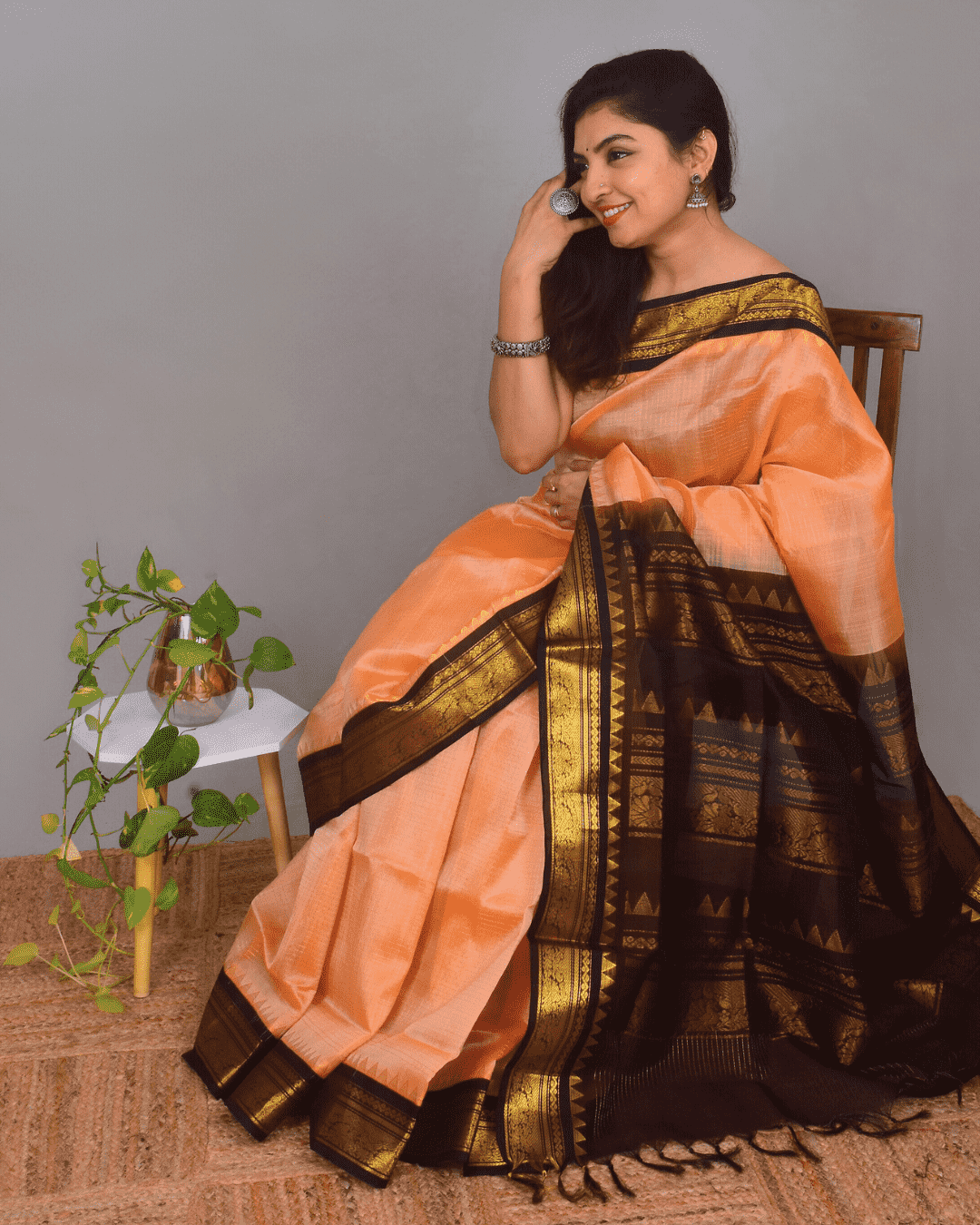 Pure handloom Korvai Silk Cotton Saree in Sand Brown and Black Border with Zari Checks - 135