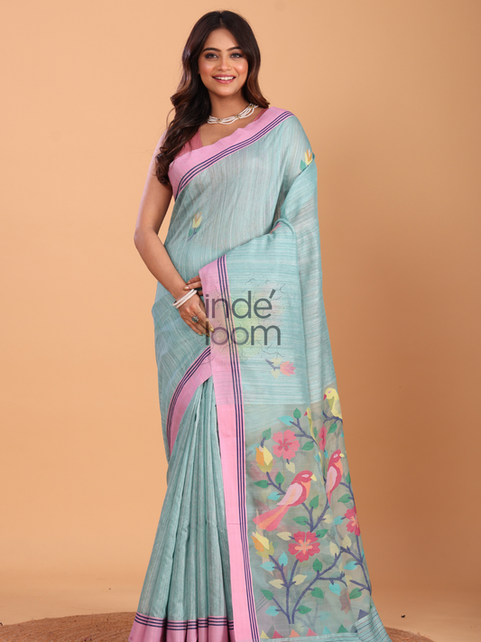 Jamdani Saree With Aqua Blue - 140