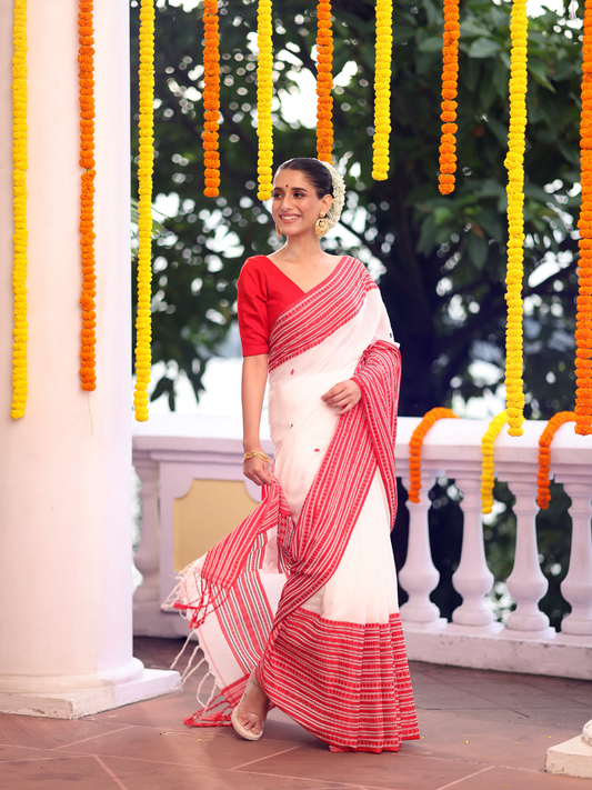 Cotton Linen Saree With Powder White - 115