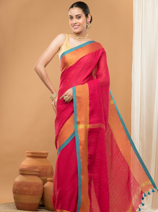 Linen Sequin Jamdani Saree With Rose Red -006