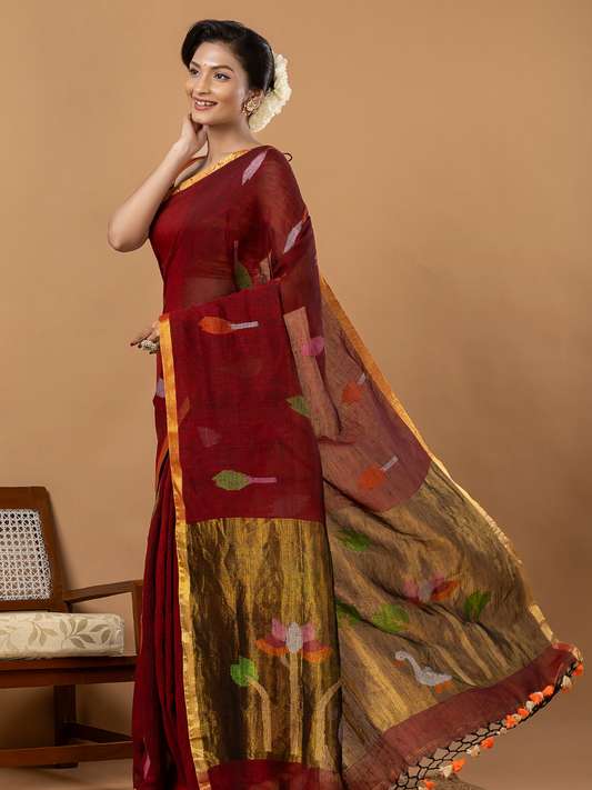 Handwoven Jamdani Linen Saree | Deep Red