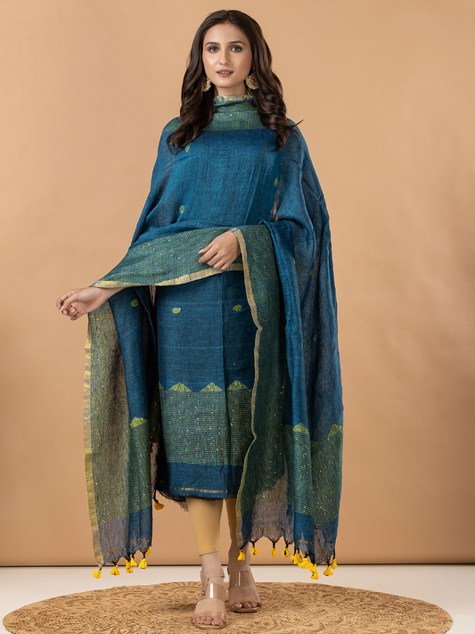 Handwoven Jamdani Linen Unstitched 2-Piece Kurti | Peacock Teal Blue