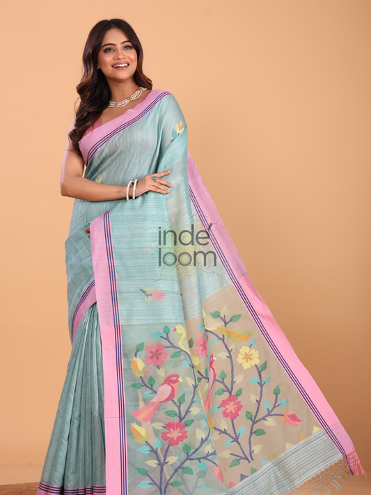 Jamdani Saree With Aqua Blue - 140
