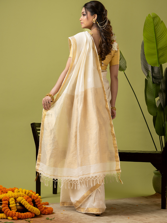 Pure Handloom Linen Saree | Shell White and White | Half and Half style with Contrast Border