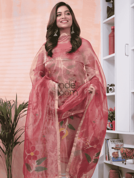 Rose Red | Handloom Jamdani Tissue-Silk Unstitched 2-Piece Kurti