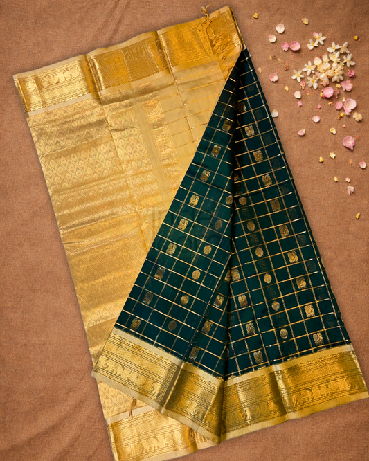 Handloom Korvai Silk Cotton Saree | Bottle Green