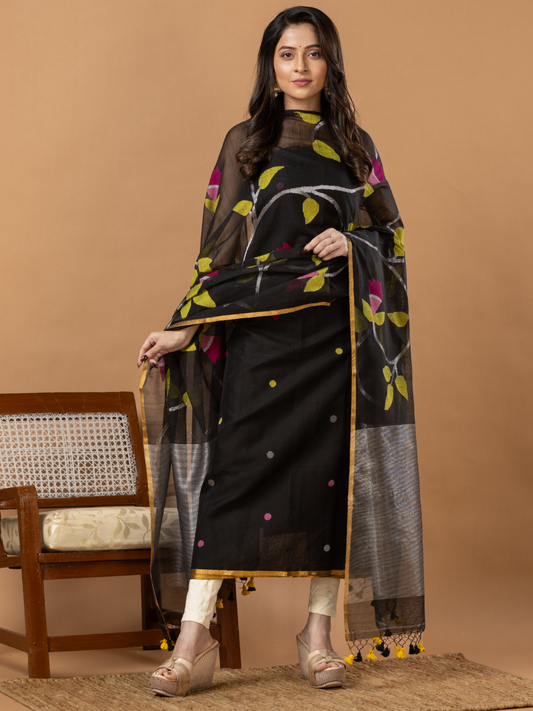 Handwoven Jamdani Muslin Unstitched 2-Piece Kurti | Jet Black