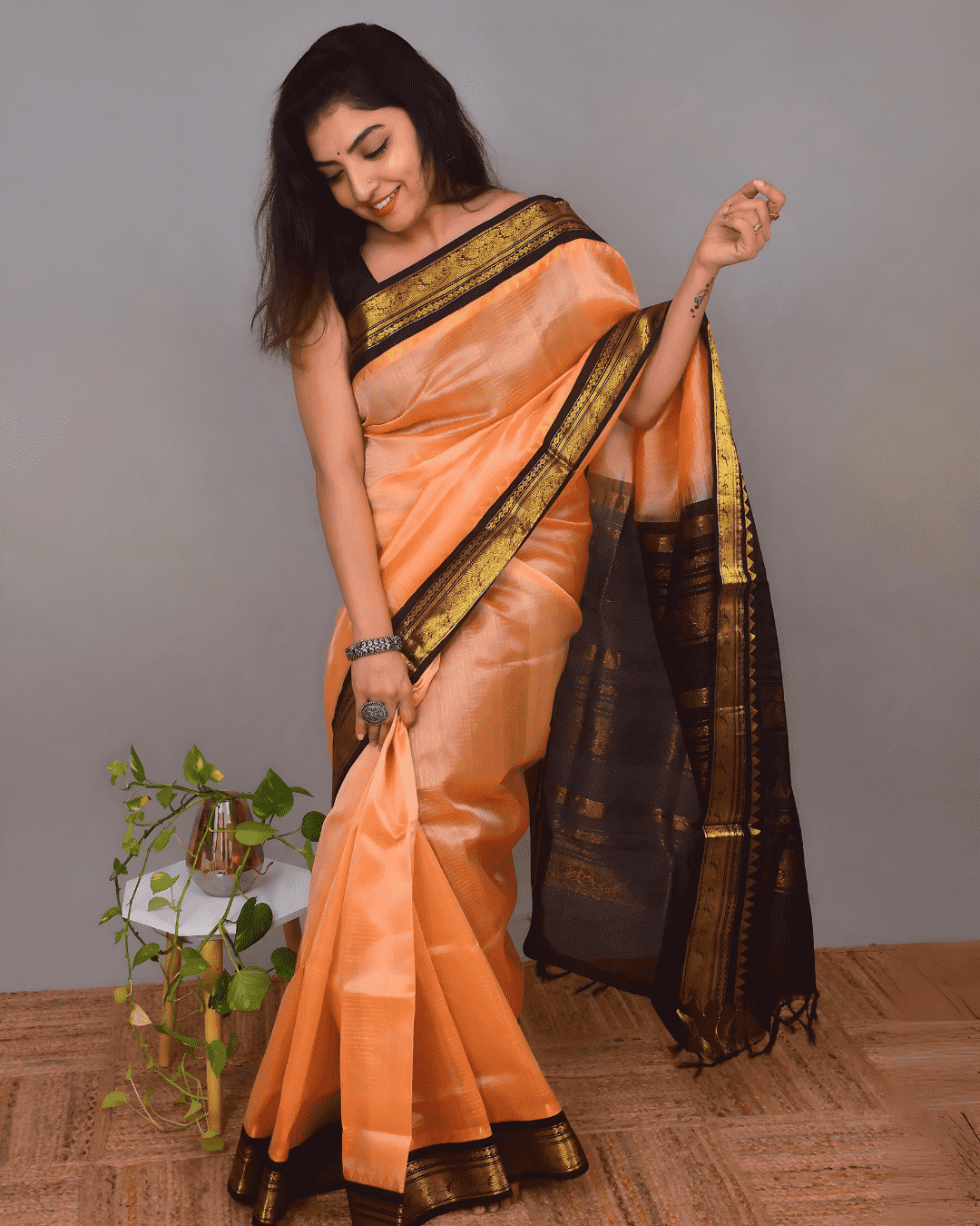 Pure handloom Korvai Silk Cotton Saree in Sand Brown and Black Border with Zari Checks - 135
