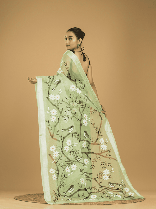 Kota Doria Handpainted Saree With Mint Green - 001 - indeloom