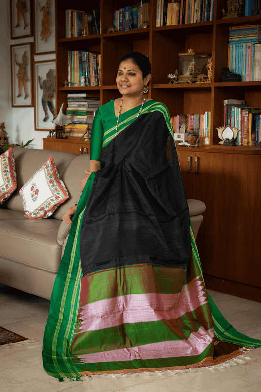 Traditional Ilkal Cotton Silk Viscose Saree | Midnight Black