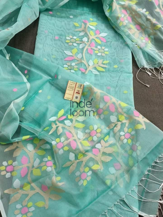 Seafoam Mint | Handloom Jamdani Muslin Unstitched 2-Piece Kurti