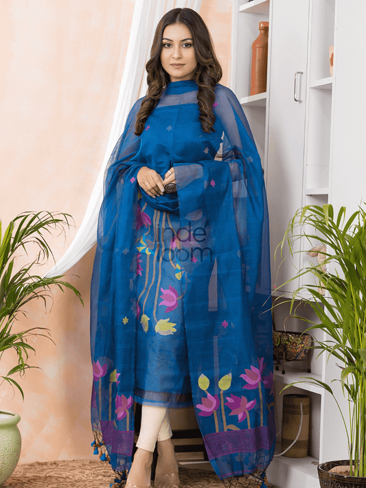 Royal Azure | Handloom Jamdani Muslin Unstitched 2-Piece Kurti | Classic Design