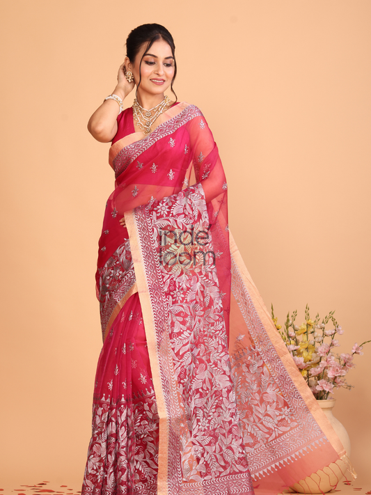Organza Embroidery Saree With Bright Pink - 102