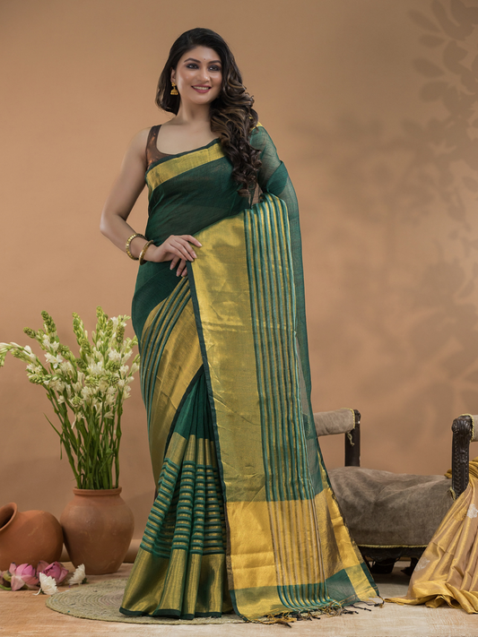 Tissue Silk Saree In Dark Green With Golden Border  -032