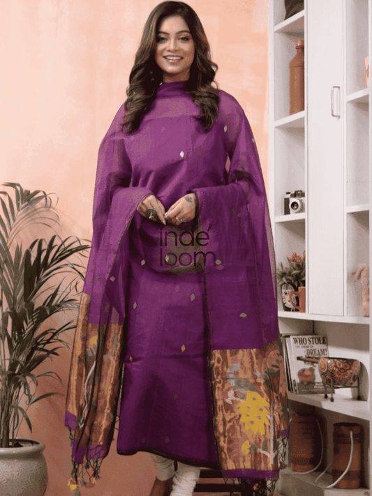 Grape Purple Paithani Muslin Jamdani 2-Piece Set Kurti & Dupatta (UNSTITCHED) -446 - indeloom
