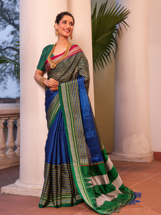 Pure Ilkal Saree in Blue and Green Pallu - 001