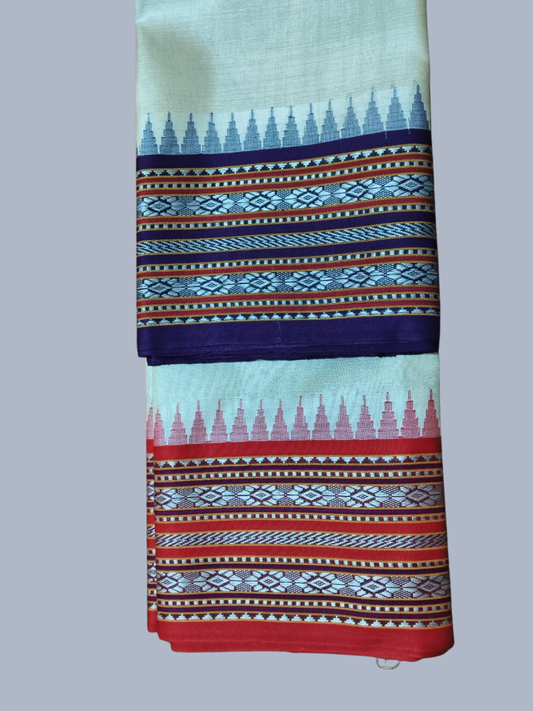 Berry Blue & Red Handloom Vidarbha Tussar Silk Saree with Multicolor Contrast Border - 009