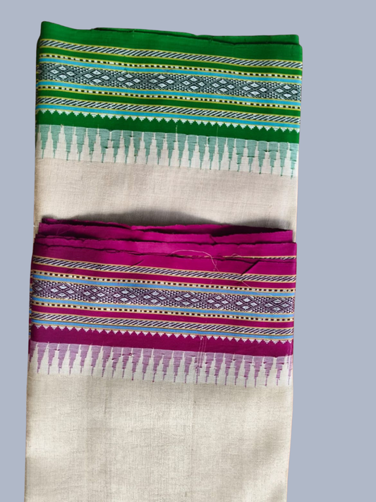 Green and Pink Handloom Vidarbha Tussar Silk Saree with Multicolor Contrast Border - 015