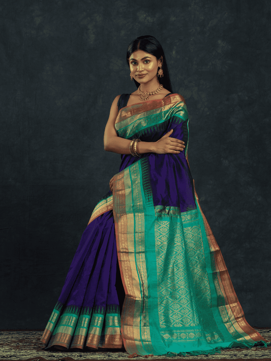 Pure Handloom Korvai Saree | Rich Blue and Teal Moss
