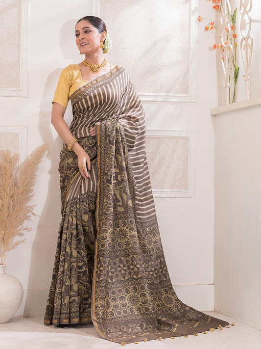 Ajrakh Exclusive Designer Modal Silk in Charcoal Black And White -053