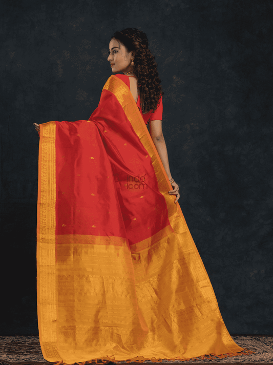 Pure Handloom Korvai Saree | Classic Korvai with small zari buttas | Red and Yellow