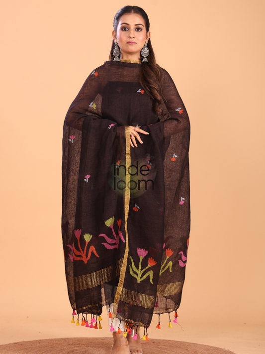 Dark Brown | Handloom Jamdani Linen Unstitched 2-Piece Kurti