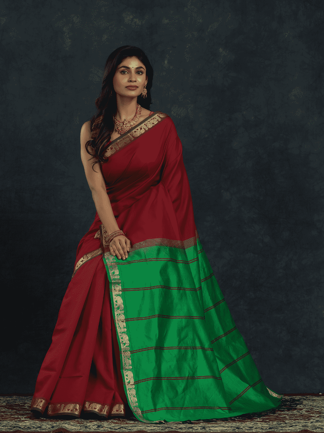 Pure Handloom Korvai Silk Cotton Saree in Wine Red and Green with Elephant Border - 143