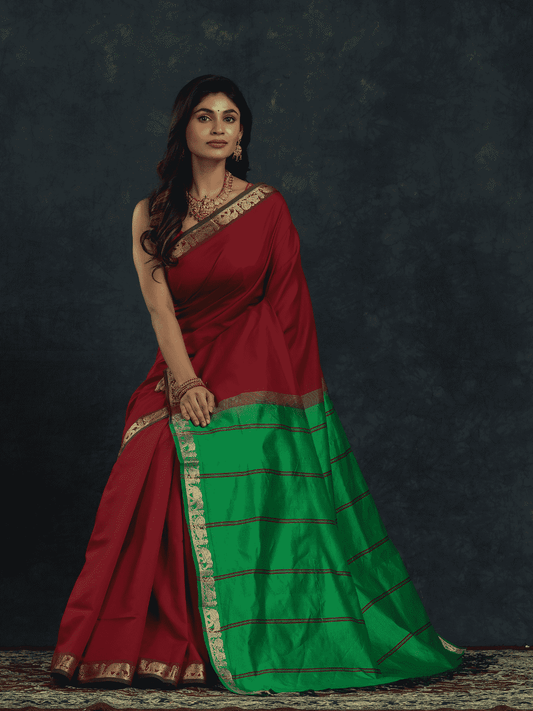 Pure Handloom Korvai Saree | Classic Korvai | Red and Parrot Green