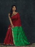 Pure Handloom Korvai Silk Cotton Saree in Wine Red and Green with Elephant Border - 143