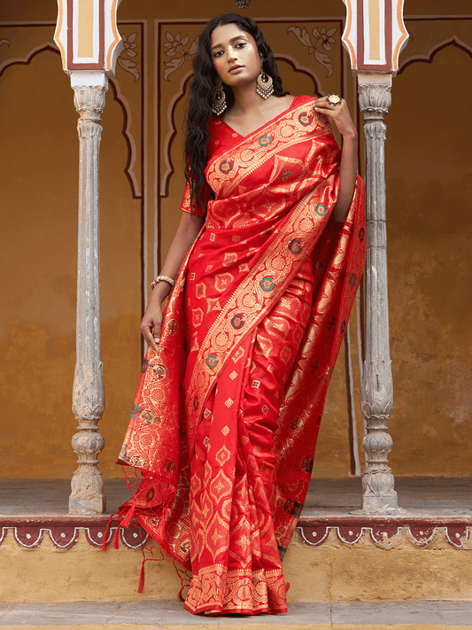 Chanderi Silk Ethnic Motifs Saree In Classic Red (Precision Looms) - 009 - indeloom