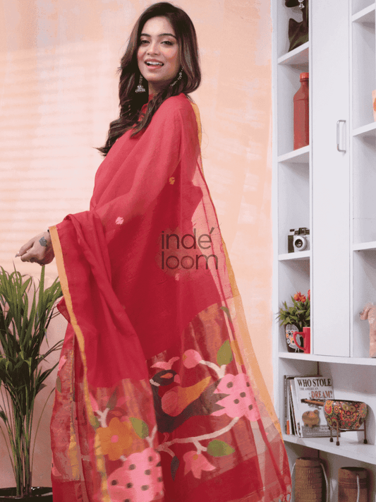 Classic Red Paithani Muslin Jamdani 2-Piece Set Kurti & Dupatta (UNSTITCHED) -603 - indeloom