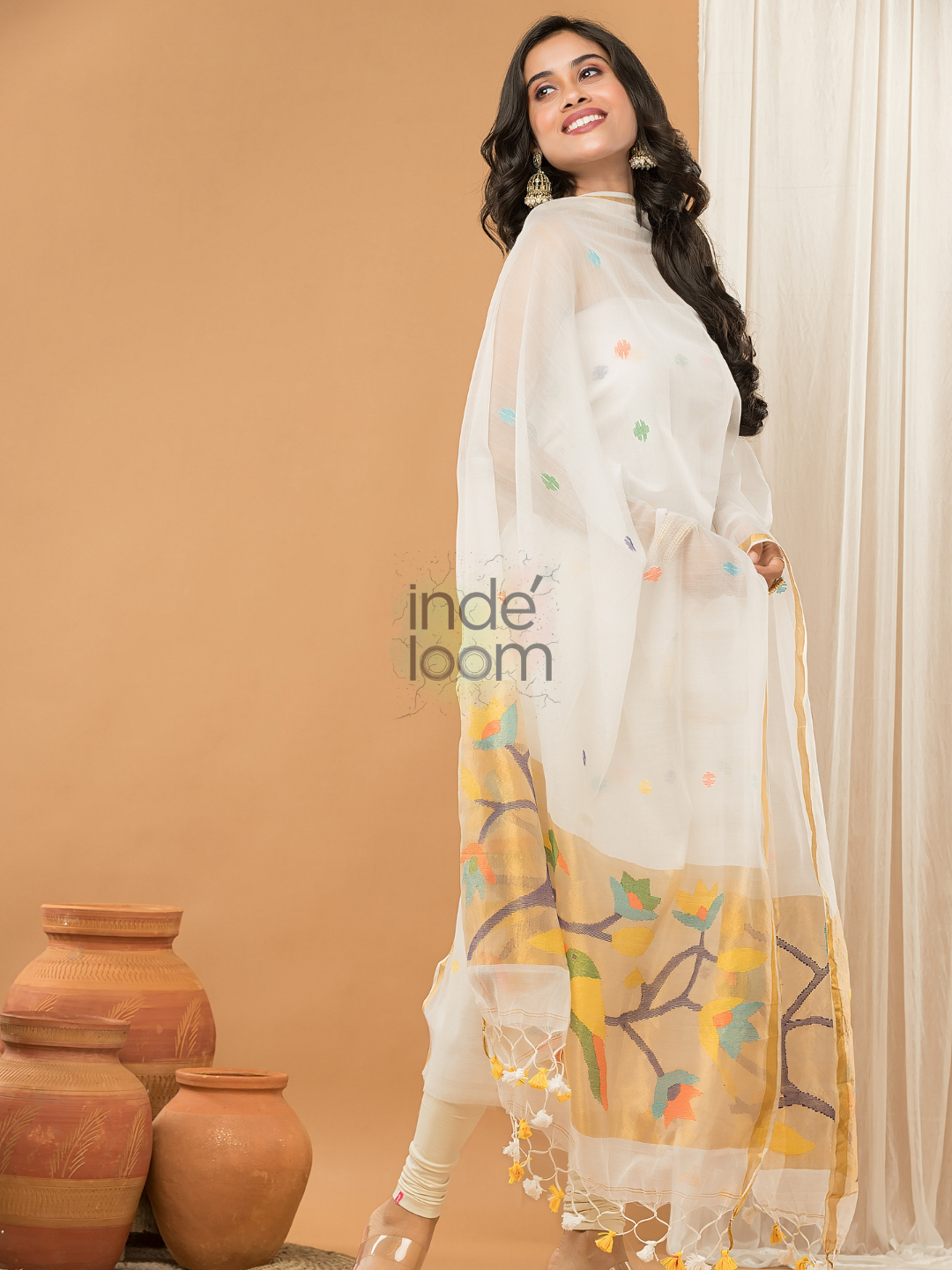 Pure White | Handloom Jamdani Muslin Unstitched 2-Piece Kurti | Paithani Design