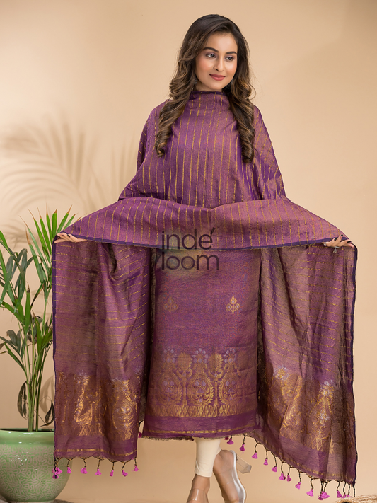 Rose Plum | Handloom Jamdani Linen Unstitched 2-Piece Kurti | Benaras Design