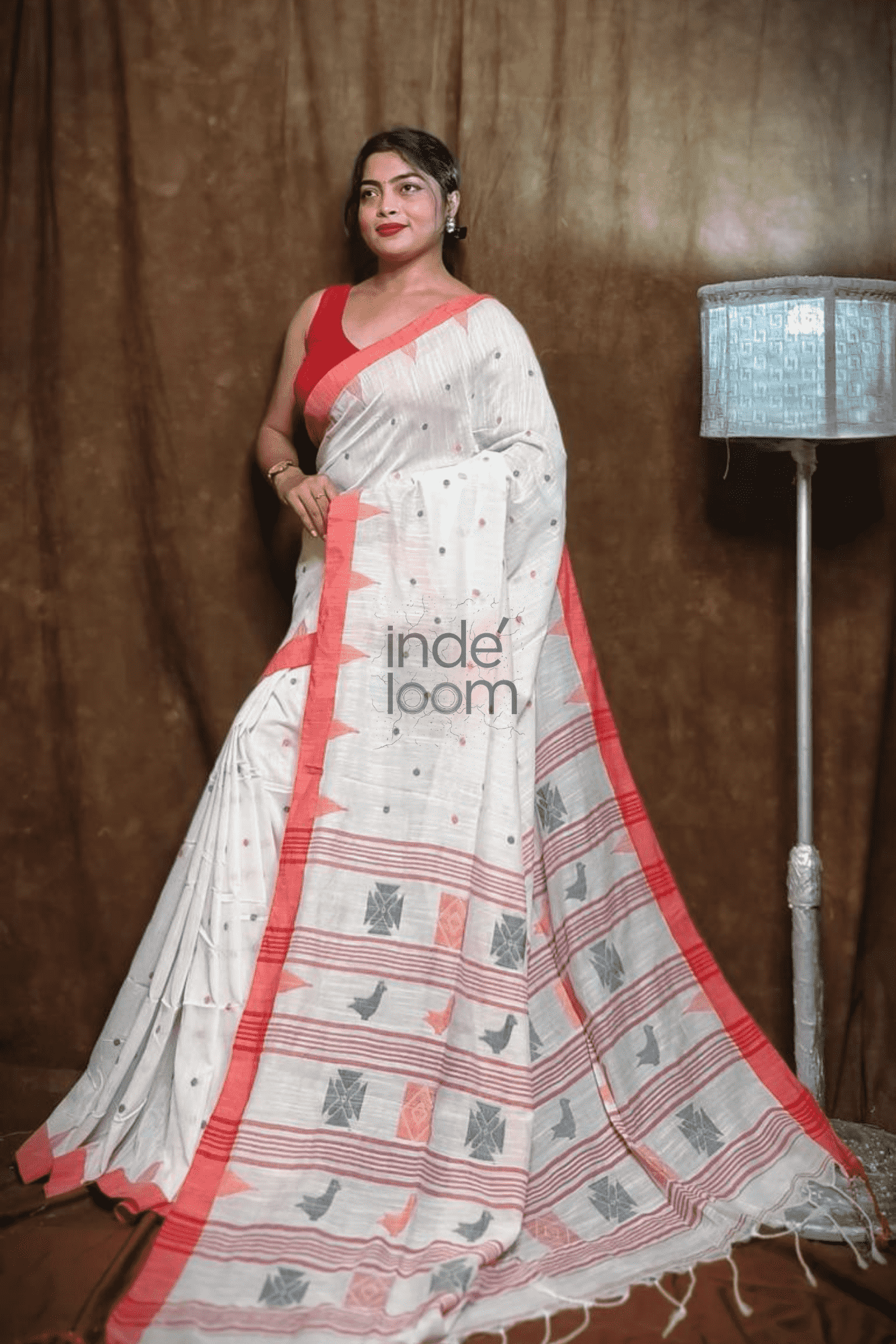 Handloom Linen Checks Saree with Pure White and Red Border-011 - indeloom