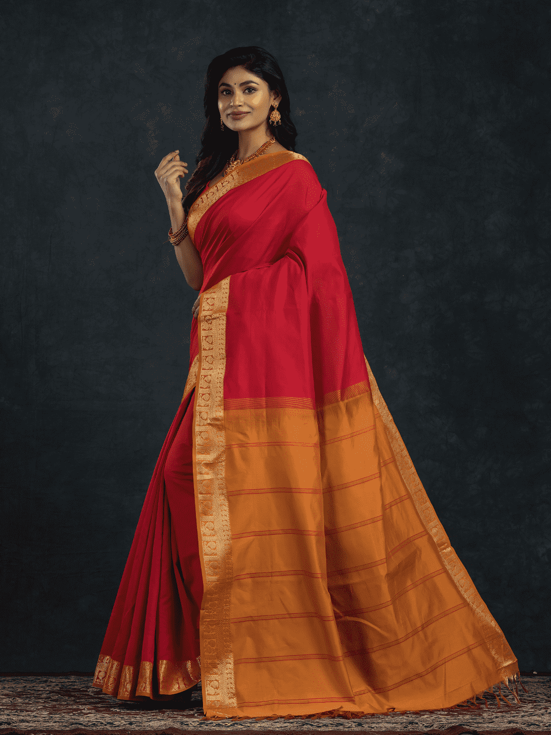 Pure Handloom Korvai Silk Cotton Saree in Passion Red and Mustard with Golden Pecock - 185